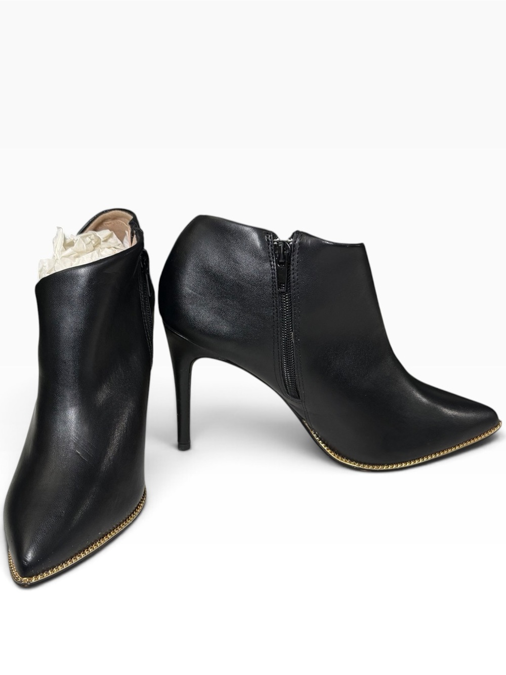 BCBGeneration Black Pointed-Toe High-Heel Ankle Booties with Gold Trim
